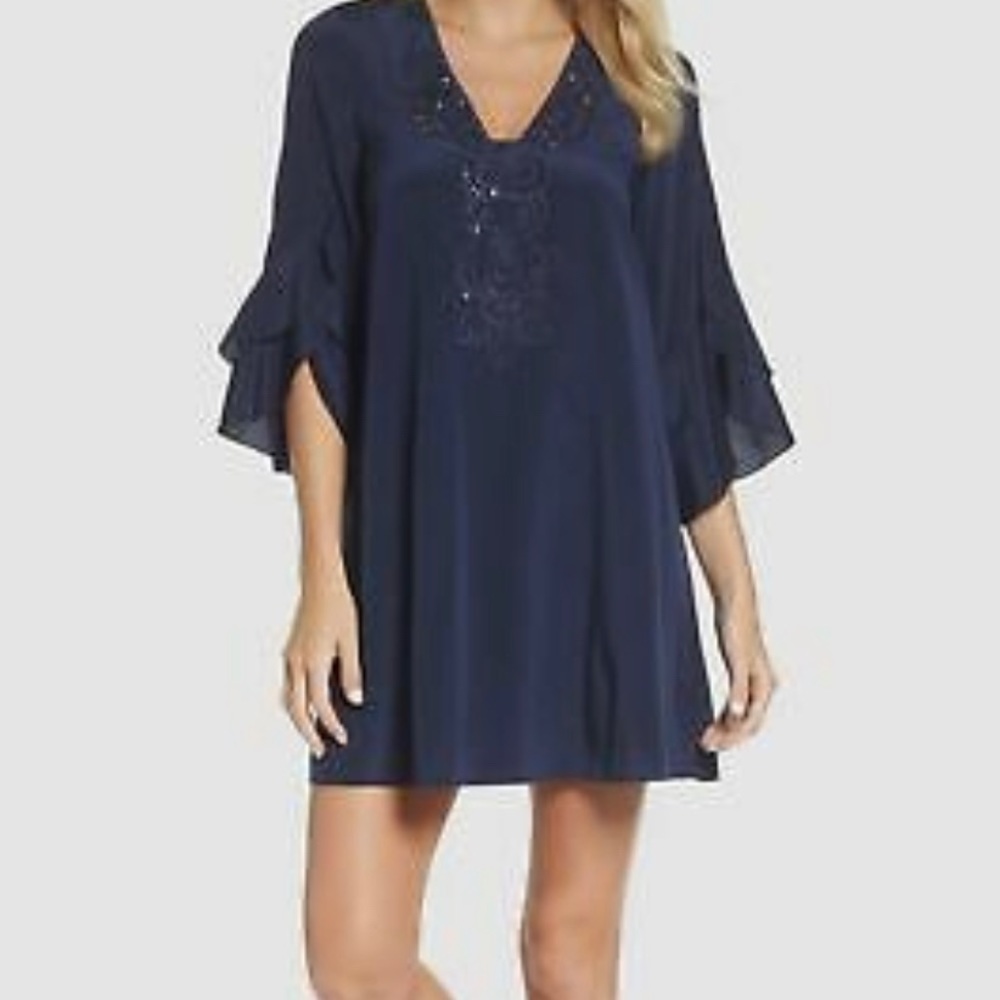 Lilly Pulitzer Women's Blue V-Neck Tatiana Beaded Silk Tunic Dress Size S